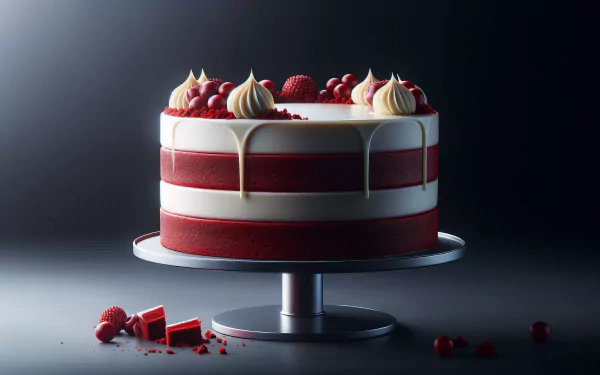 HD wallpaper of a delicious red velvet cake with cream cheese frosting on a dark background.