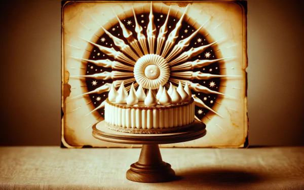A beautifully decorated vanilla cake atop a wooden pedestal, set against a vintage-style background with radiant patterns, creating a stunning HD desktop wallpaper.