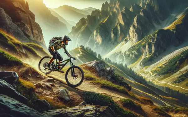 Cyclist descending a mountain trail at sunrise, mountain biking HD desktop wallpaper and background.