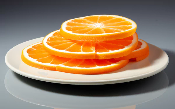 A vibrant HD desktop wallpaper featuring a plate stacked with fresh orange slices, showcasing their bright color and juicy texture against a sleek background.