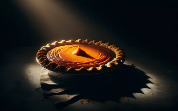 A beautifully arranged sweet potato pie sits gracefully in a dimly lit setting, showcasing its rich filling and decorative crust, creating an inviting HD desktop wallpaper.