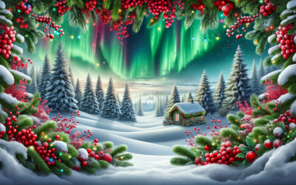 Enchanting Winter Wonderland HD Wallpaper featuring a snowy landscape with northern lights, a cozy cabin, and festive holly berries.