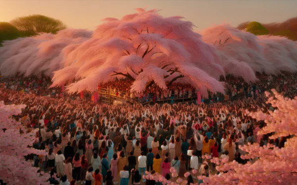 HD wallpaper of a crowded cherry blossom festival with vibrant pink trees and people celebrating.