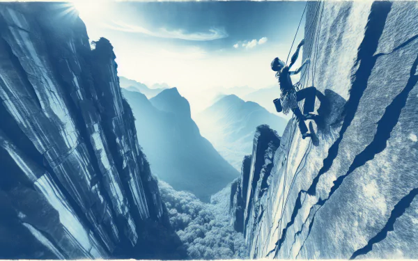 A stunning HD desktop wallpaper featuring a climber scaling a rugged rock face, surrounded by majestic mountains and a dramatic sky, capturing the essence of rock climbing adventures.