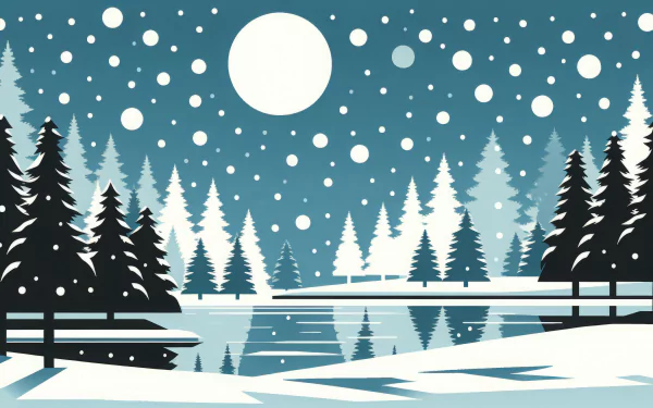 HD desktop wallpaper featuring a serene winter wonderland scene with snow-covered trees, a calm frozen lake, and gentle snowfall under a full moon.