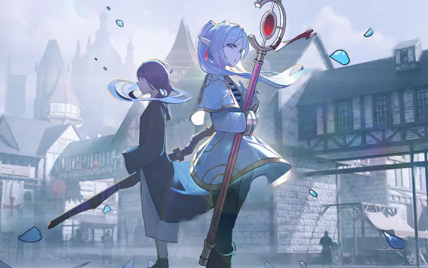 HD anime desktop wallpaper featuring Fern and Frieren from Frieren: Beyond Journey's End, set against a detailed medieval town backdrop.