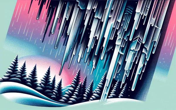 A vibrant HD wallpaper featuring striking icicles cascading from a colorful sky, set against a serene snowy landscape with evergreen trees.