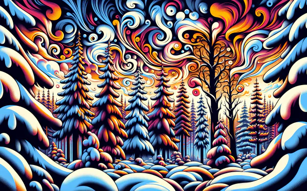 A vibrant winter forest scene featuring stylized trees covered in snow, illuminated by swirling colors of orange and blue, creating a striking HD desktop wallpaper.