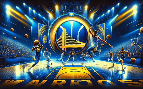 HD Golden State Warriors desktop wallpaper featuring dynamic basketball action and team logo.