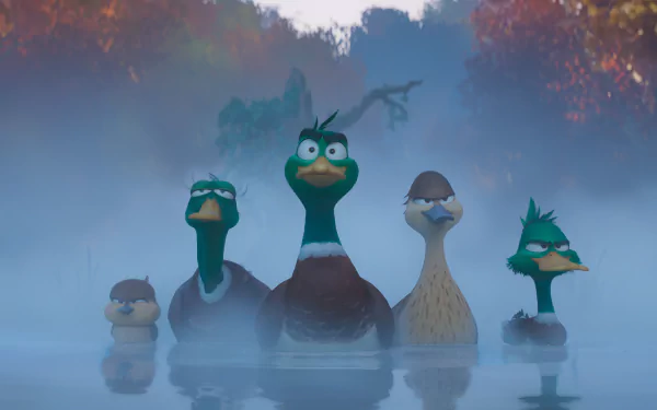 HD desktop wallpaper featuring animated ducks from the 2023 movie Migration set in a misty, autumn-colored landscape.