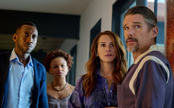 HD desktop wallpaper featuring four characters from the movie Leave the World Behind looking concerned.