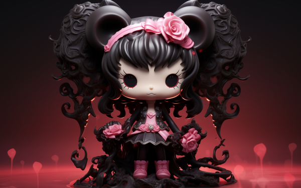 HD desktop wallpaper featuring the Kuromi character from Hello Kitty with a dark and stylish theme on a red background.