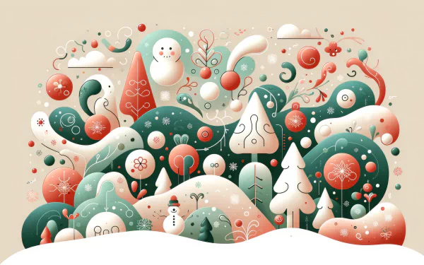A whimsical, cute Christmas scene featuring colorful trees, a snowman, and stylized winter elements, creating an enchanting HD desktop wallpaper and background.
