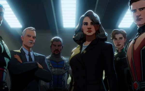 HD animated wallpaper featuring characters from the What If... TV show, with a stern-looking group standing confidently in a dimly lit room.