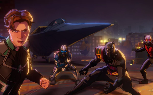 HD wallpaper of animated heroes from the 'What If...' TV show, featuring an action-packed scene with characters ready for battle.
