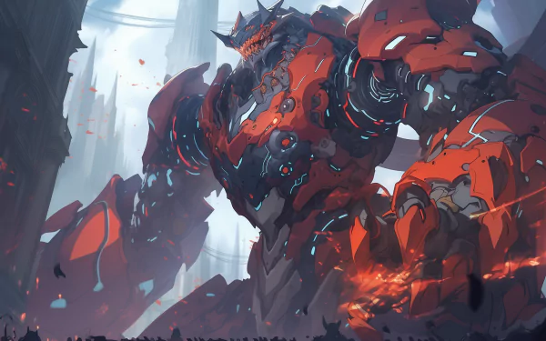 A striking HD desktop wallpaper featuring a massive red mecha from anime, towering over a dramatic landscape with intricate details and a dynamic atmosphere.