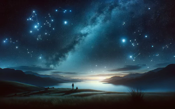 HD desktop wallpaper featuring a serene star gazing scene with a person overlooking a mountainous lakeside under a twinkling starry sky