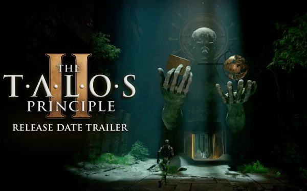 HD wallpaper featuring The Talos Principle 2 release date trailer with mystical ruins and giant statue hands.