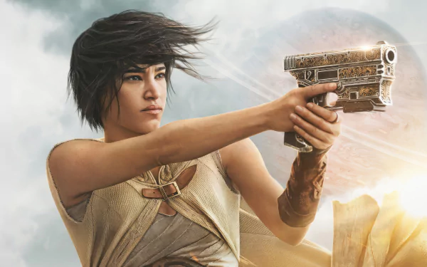 Sofia Boutella's character brandishing a futuristic gun in Rebel Moon movie HD desktop wallpaper.