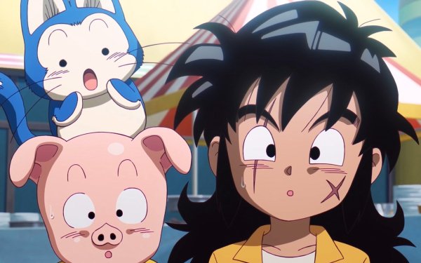 HD anime wallpaper featuring Dragon Ball characters Yamcha with Puar on his shoulder and Oolong in the foreground, perfect for Dragon Ball DAIMA fans' desktop backgrounds.