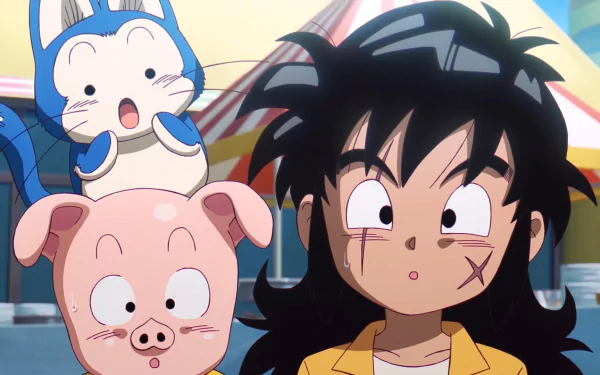 HD wallpaper featuring Yamcha, Oolong, and Puar from Dragon Ball DAIMA, showcasing their surprised expressions in a vibrant, colorful setting.