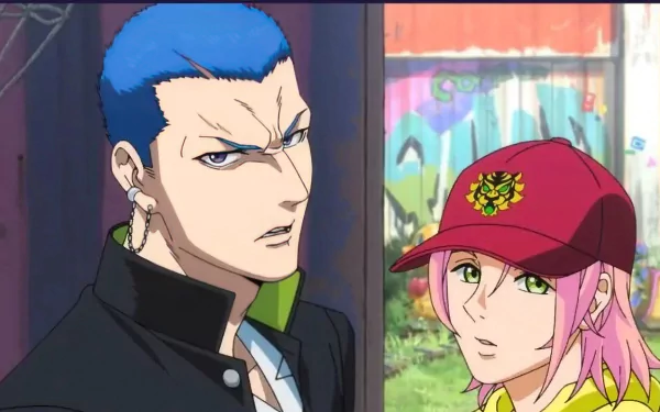 Anime characters from Bucchigiri?! featuring a blue-haired male with a serious expression and a female companion in a red cap, set against a colorful, graffiti-like background. HD wallpaper.