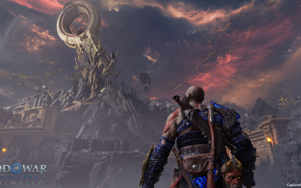 HD desktop wallpaper featuring a scene from God of War: Ragnarök video game with a character facing an epic structure under a dramatic sky.