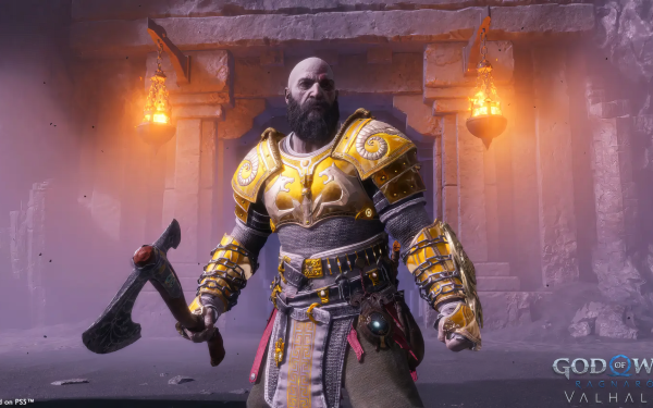 Kratos from God of War: Ragnarök poised for battle in HD desktop wallpaper with game logo.