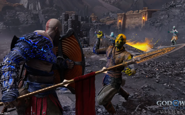 HD desktop wallpaper featuring a scene from God of War: Ragnarök with characters ready for battle.