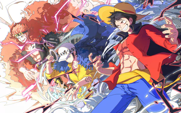A vibrant 4K Ultra HD anime wallpaper featuring One Piece characters Trafalgar Law, Eustass Kid, and Monkey D. Luffy in dynamic action poses.