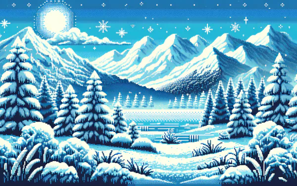 HD wallpaper of a frosty, pixel art winter landscape with snow-covered trees, mountains, and a starry sky.