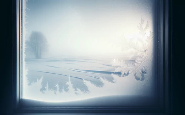 HD desktop wallpaper featuring a frosty window with intricate ice patterns and a snowy landscape view.