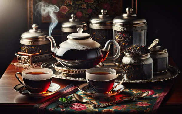 Elegant HD desktop wallpaper of a black tea setup with steam rising from a teapot, two cups of tea, and containers of loose tea leaves, set against a dark, moody background.