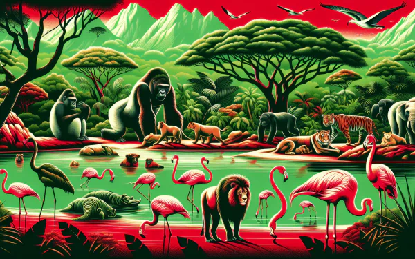 Vivid HD desktop wallpaper featuring a vibrant zoo scene with a variety of animals including flamingos, a gorilla, a tiger, and more, set against a lush green jungle backdrop.