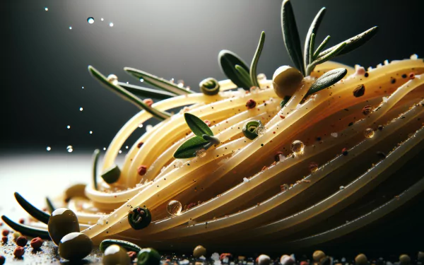 HD desktop wallpaper featuring close-up of spaghetti garnished with rosemary, olives, and spices on a dark background.