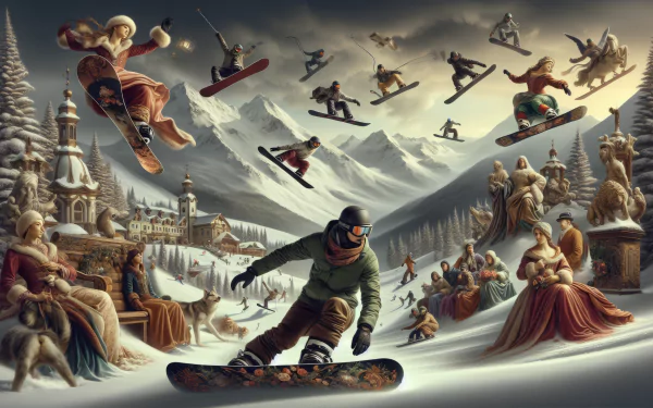 HD wallpaper of snowboarders performing aerial tricks above a snowy mountain village scene.