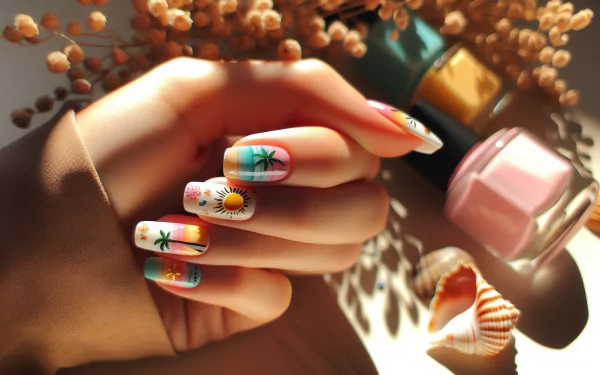 HD wallpaper of a hand with summer-themed nail art, featuring palm trees and sun, alongside nail polish bottles and sea shells.