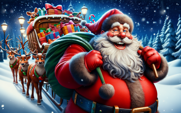 Santa Claus with reindeer and sleigh full of gifts, HD desktop wallpaper for Christmas.