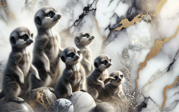 A charming HD desktop wallpaper featuring a group of meerkats curiously standing on polished stones, set against a stunning marbled background with gold accents.