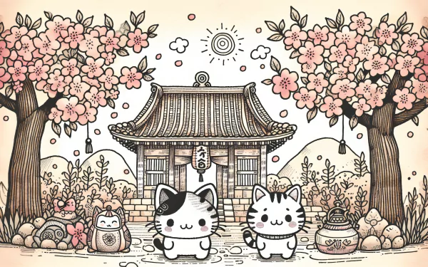Kawaii HD desktop wallpaper featuring cute cartoon cats in a traditional Japanese garden with cherry blossoms.