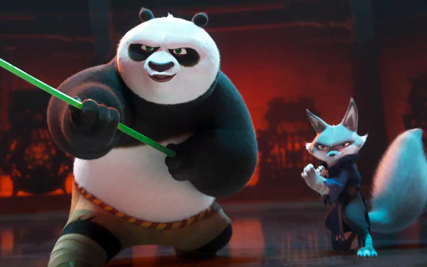 HD desktop wallpaper featuring Po wielding a green staff beside Zhen from Kung Fu Panda 4.