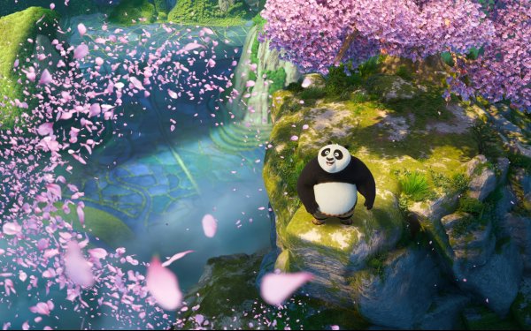 Kung Fu Panda 4 HD Wallpaper featuring Po amidst a serene blossom-filled landscape, perfect for a movie-themed desktop background.