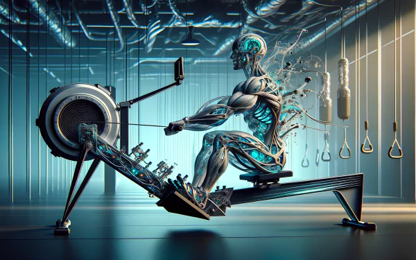 HD wallpaper of a futuristic cyborg using a rowing machine in a gym setting.