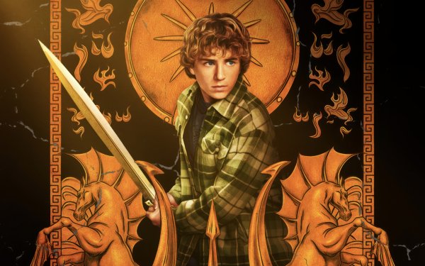 HD desktop wallpaper featuring a character from the TV show 'Percy Jackson and the Olympians,' armed with a sword and set against a mystical golden backdrop with ornate designs.