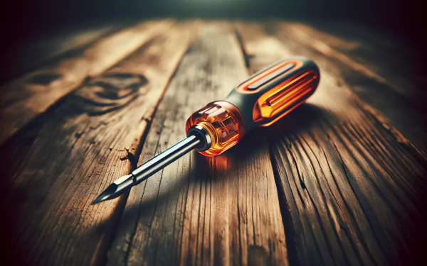 High-definition desktop wallpaper featuring a sharp, close-up image of an orange-handled screwdriver on a textured wooden surface, showcasing intricate details and rich, warm tones for a background.