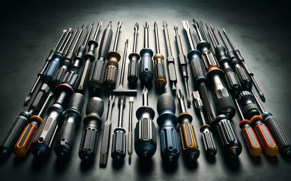 Array of various types of screwdrivers organized neatly on a dark background, suitable as an HD desktop wallpaper for tool enthusiasts.