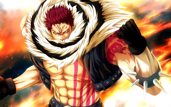 A vibrant HD wallpaper featuring Charlotte Katakuri from One Piece, showcasing his powerful stance amidst a fiery background, capturing the essence of this iconic anime character.