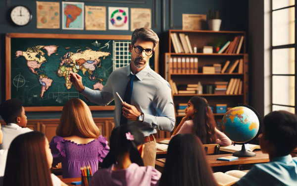 A teacher presents a lesson in a classroom filled with engaged students, featuring a map and a globe, set against a warm, educational backdrop. HD desktop wallpaper.