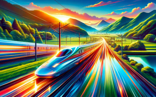 HD Wallpaper of a Bullet Train Speeding Through a Vibrant Countryside at Sunset with Light Streaks and Scenic Mountain Backdrop