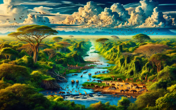HD wallpaper of a vibrant wildlife scene with a river, trees, and animals in a lush African landscape.